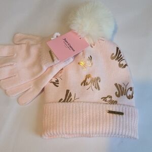 🆕️ Juicy Couture Kids Pink and Gold Knit Beanie Hat and Glove Set NWT
